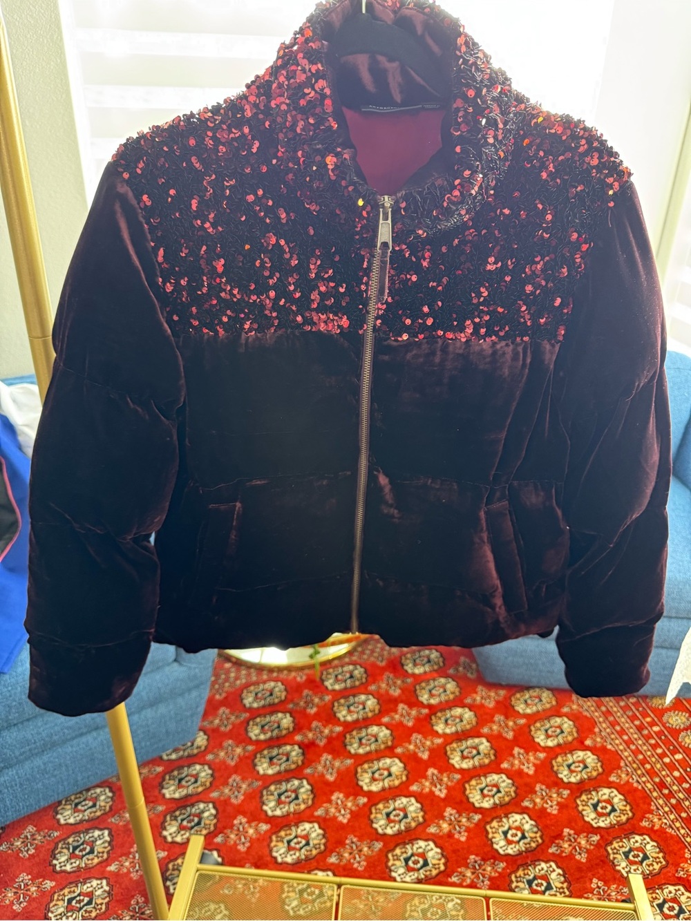 Maeve Burgundy Velvet Sequin Puffer Jacket